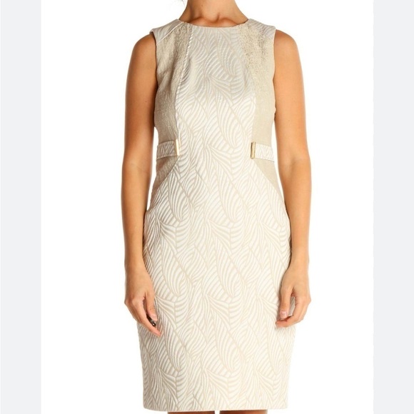 Calvin Klein Tan and Ivory Scuba Structured Sheath Dress Tropical Leaves Size 12 - Picture 1 of 12